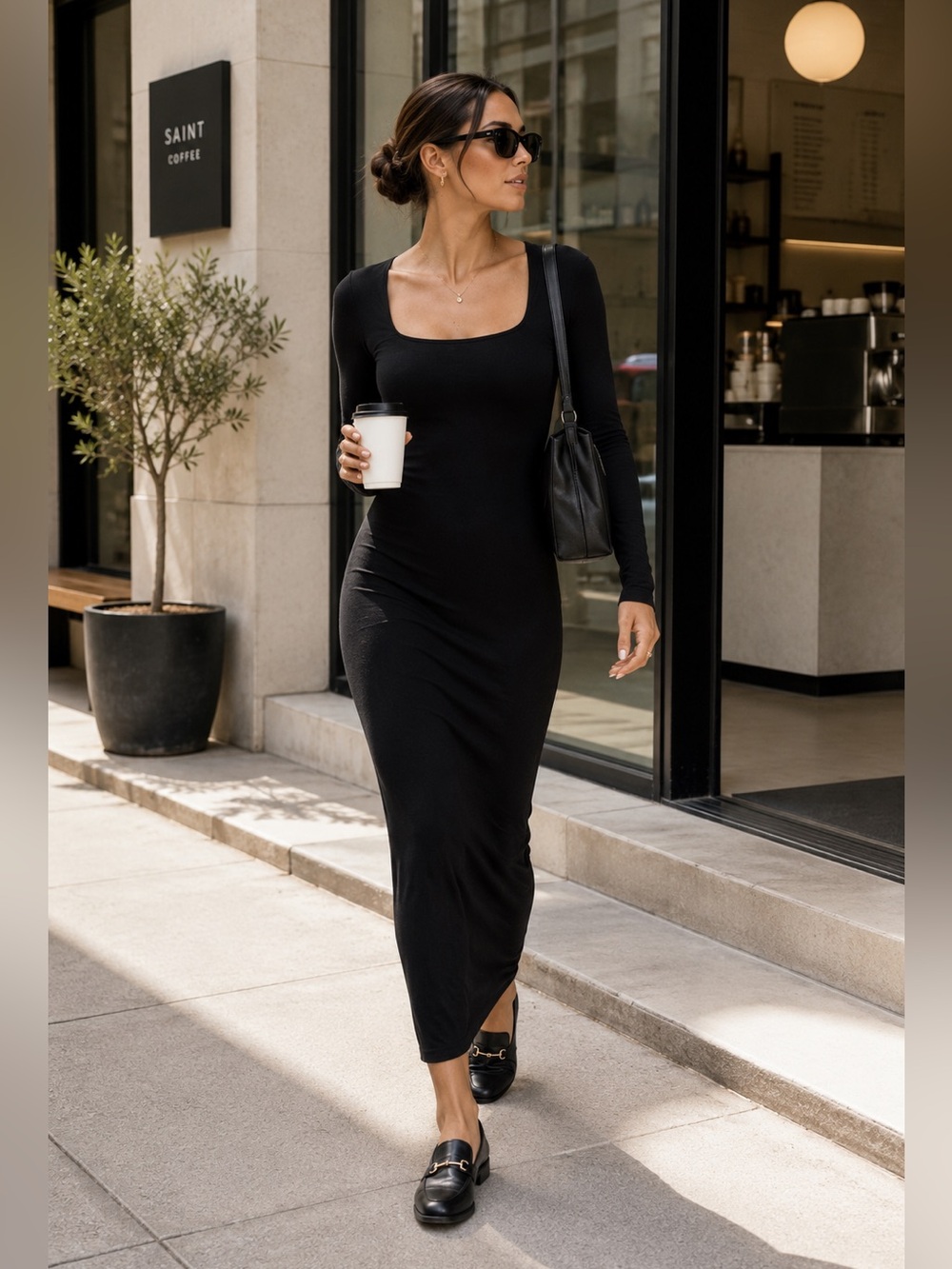 Aritzia Babaton Retreat Jersey Maxi Dress Black Square Neck Long Sleeve S
